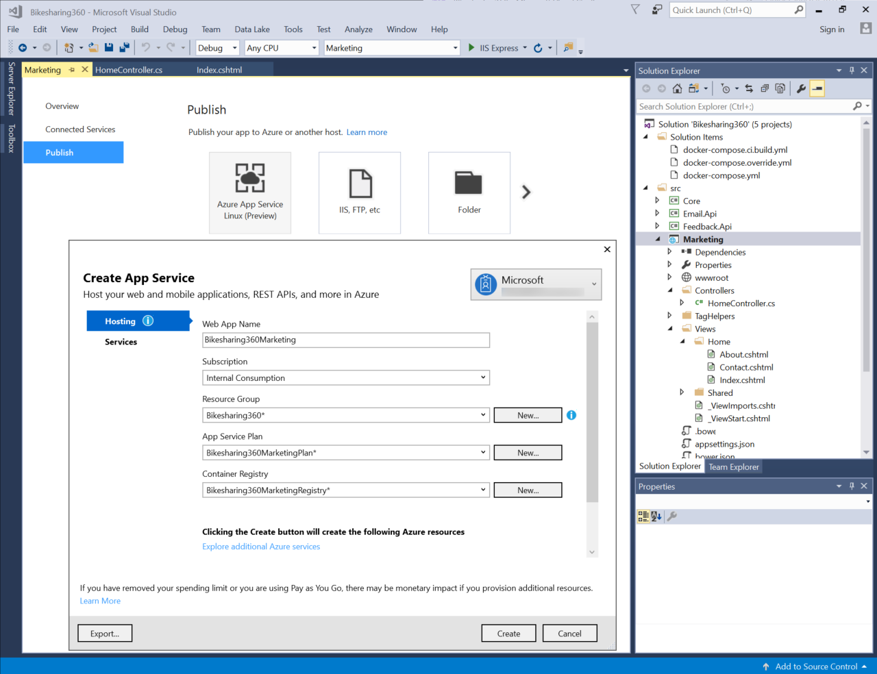 Screenshot of hosting in Azure