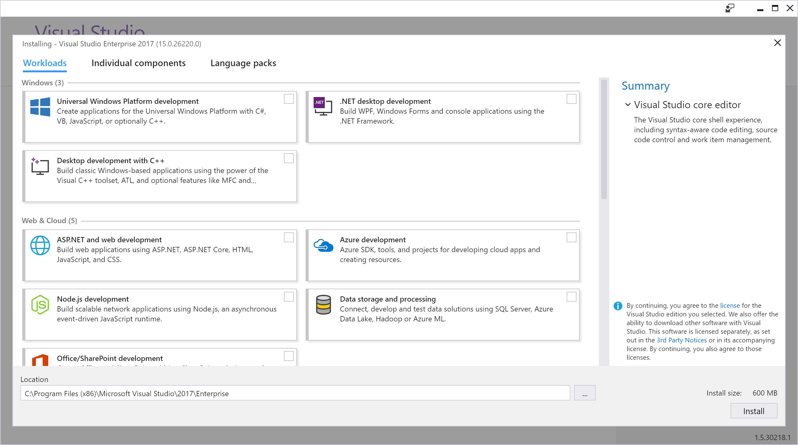 Screenshot of installer options