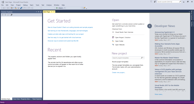 Captura de pantalla de la introducción a Visual Studio 2017
