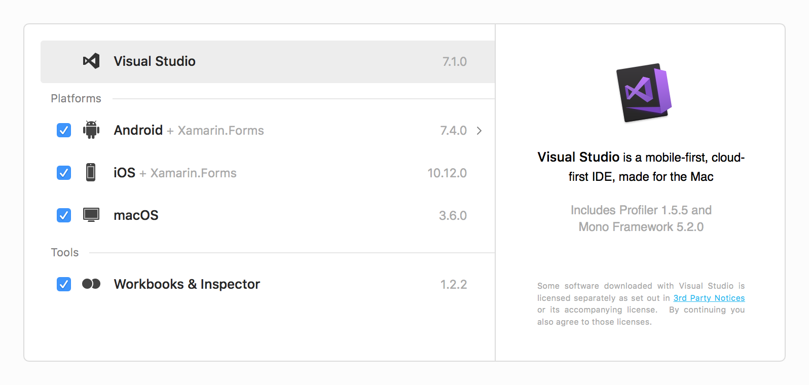 Screenshot of Workload installer options