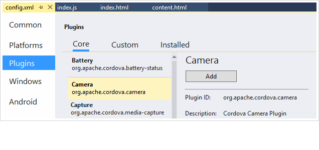 Screenshot of config.xml plugins showing Apache Cordova options