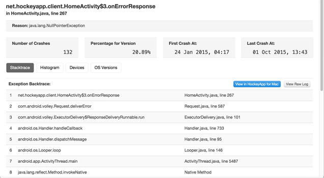 HockeyApp crash report screenshot