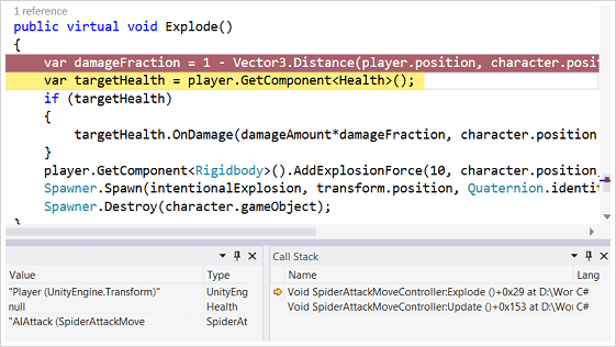 Capture d’écran du débogage dans Visual Studio