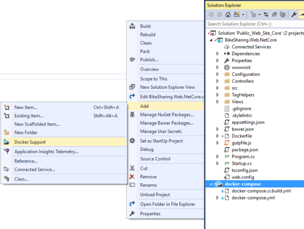 Visual Studio 컨테이너 개발 도구 스크린샷