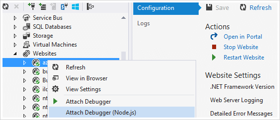 screenshot of integration with cross-platform Azure services for Node.js