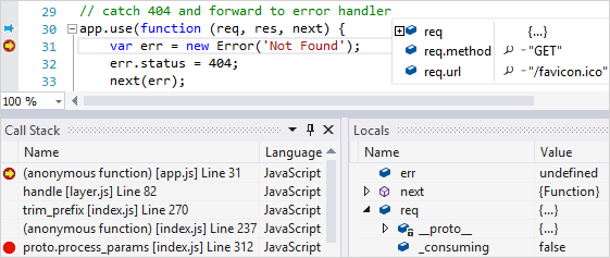 screenshot of Visual Studio’s interactive debugger