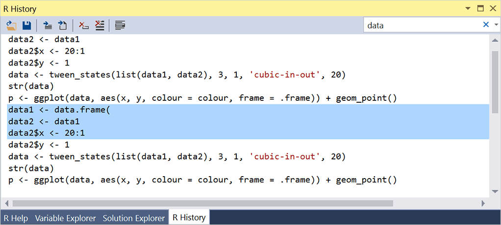 screenshot of the R History window