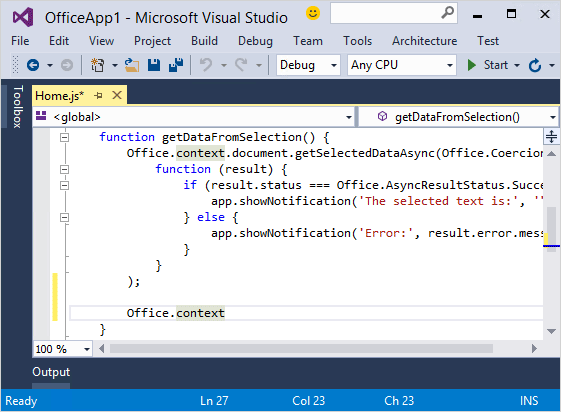 Screenshot di Intellisense