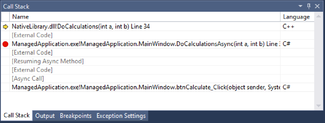 Debugging across language boundaries screenshot