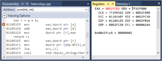 Screenshot of Disassembly and Registers tools