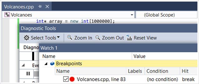 screenshot of debugging and diagnostics windows