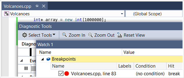 capture d’écran des fenêtres de débogage et de diagnostic windows