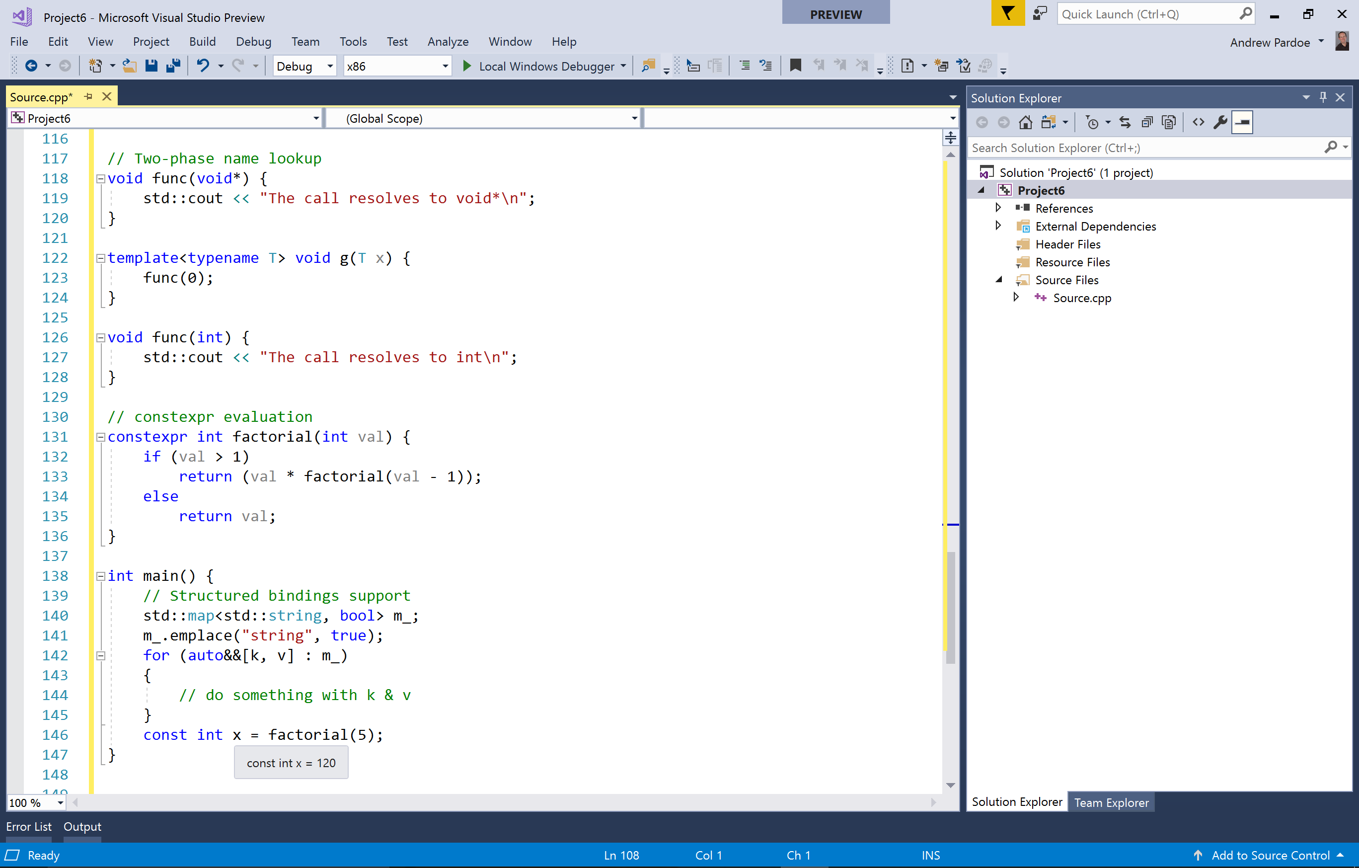 capture d’écran de la prise en charge pour C++ 11, C++ 14 et de nombreuses fonctionnalités C++ 17