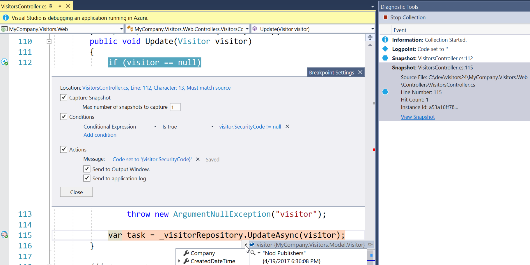 Captura de tela de snappoints e Logpoints interativos