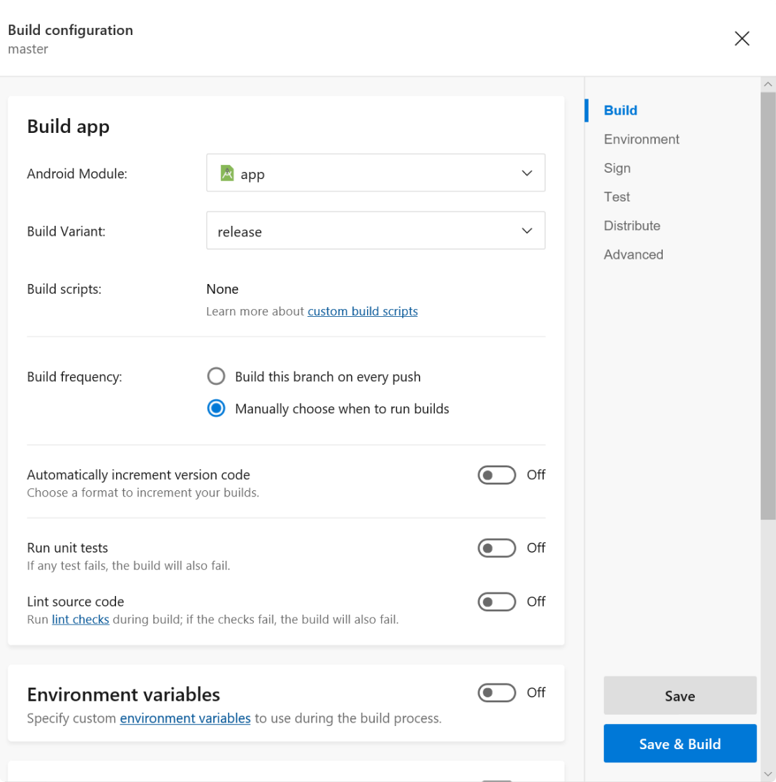 Build configuration settings screenshot