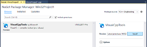 screenshot of Visual C++ tools on NuGet