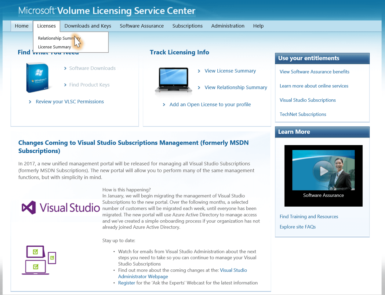 screenshot of VLSC Licenses menu choice