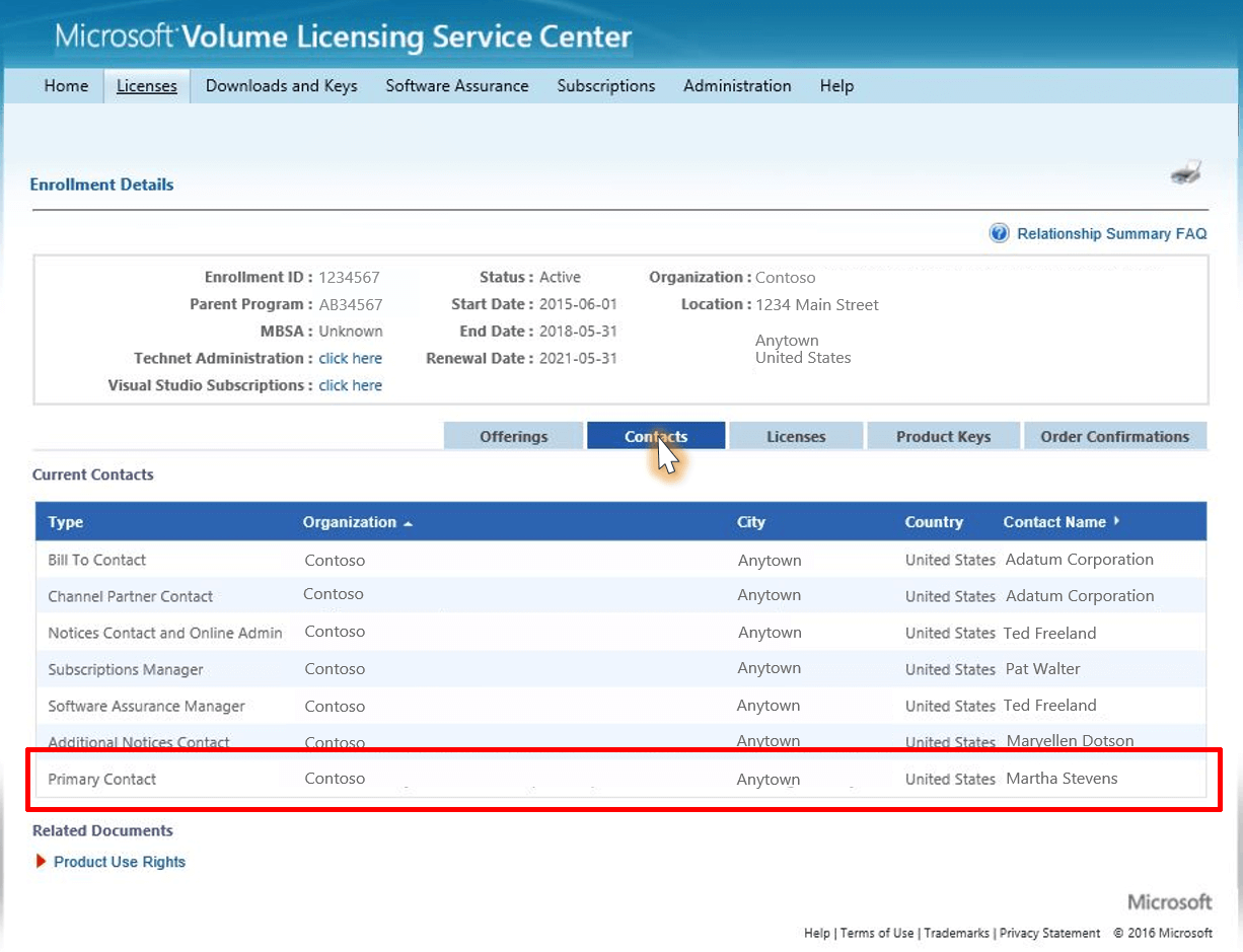 screenshot of VLSC contact window