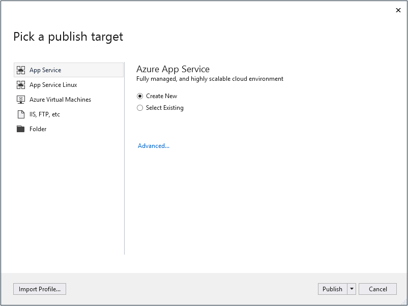 Screenshot of picking a publish target for Azure App Services