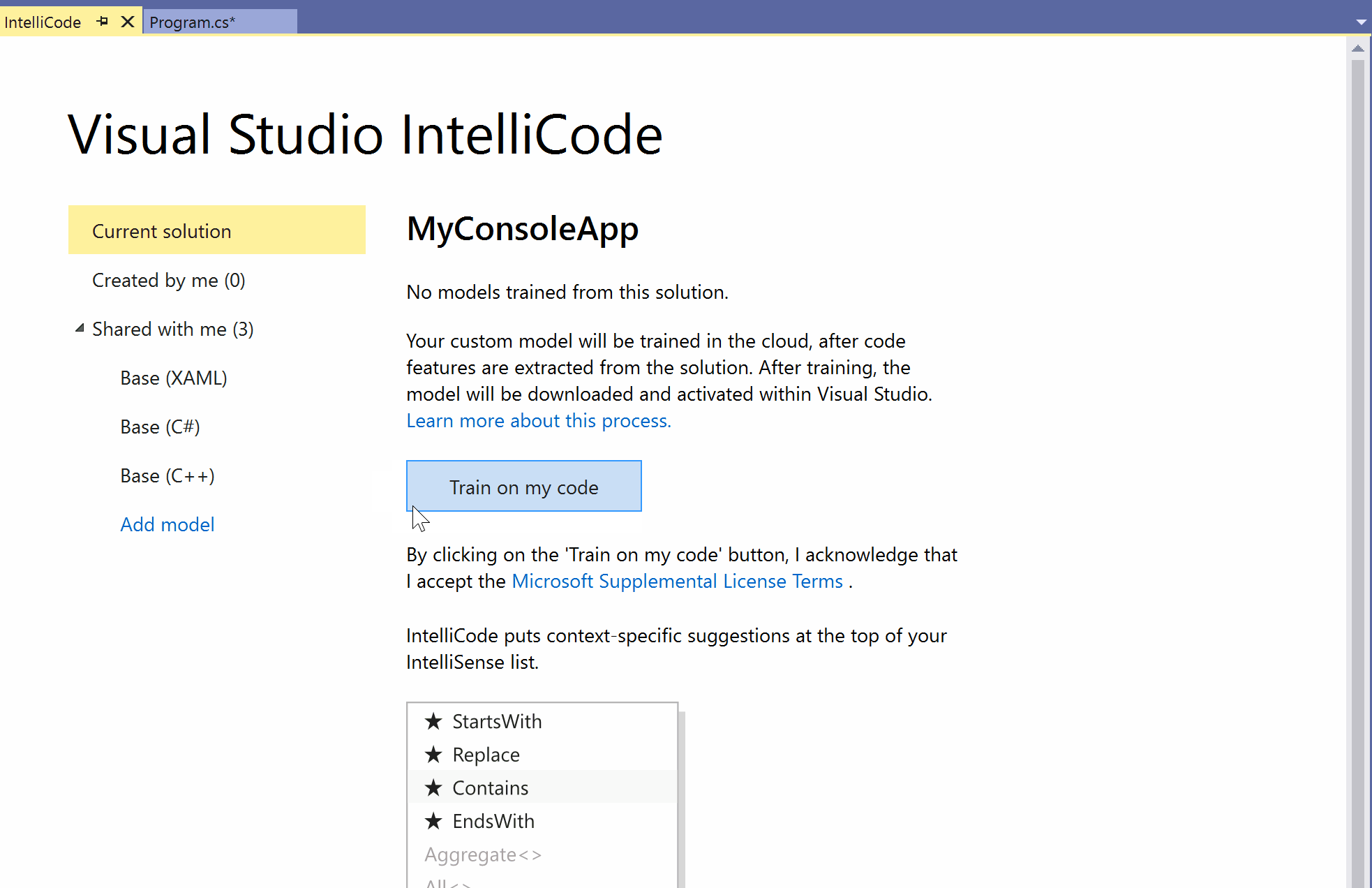 Visual Studio IntelliCode demo of custom modeling in C++ screenshot