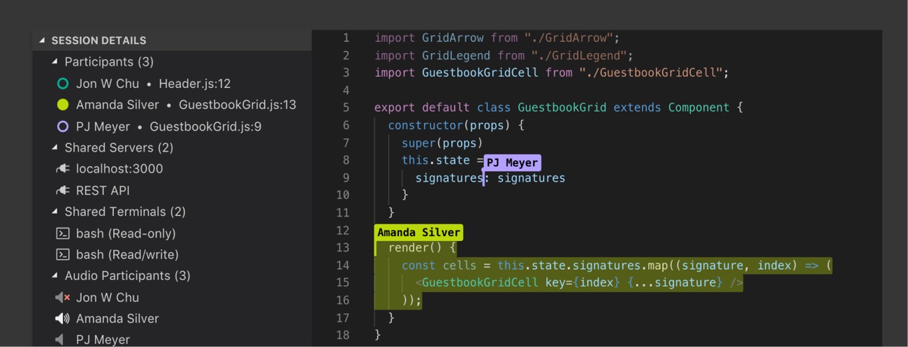Screenshot di Visual Studio Live Share, che mostra i partecipanti a una sessione di collaborazione