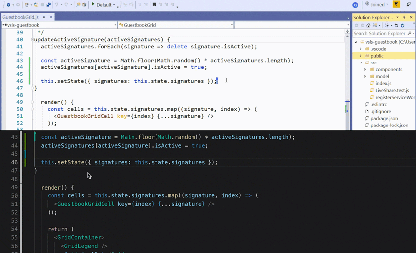 Animated gif of 2 people collaborating, and the guest in viewing the shared source control diffs in the code.