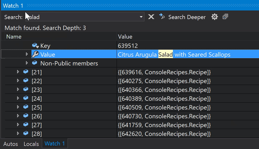 Screenshot of search capability in a C++ debug window
