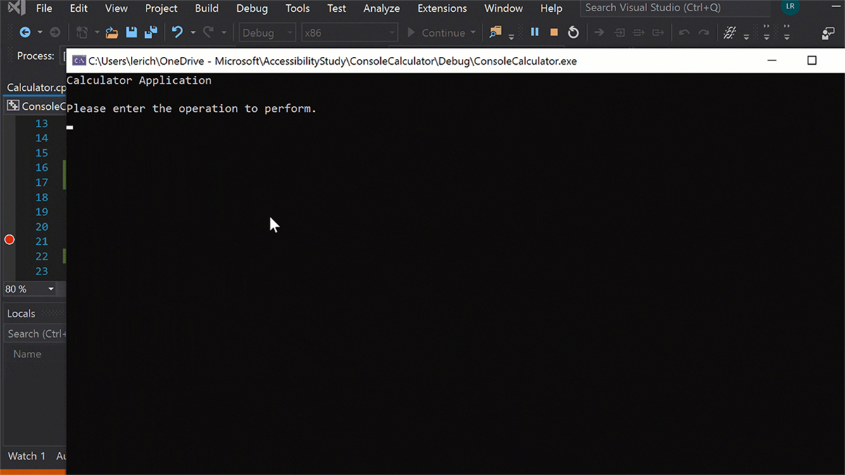 Obrázek GIF znázorňující historické ladění v C++ v sadě Visual Studio