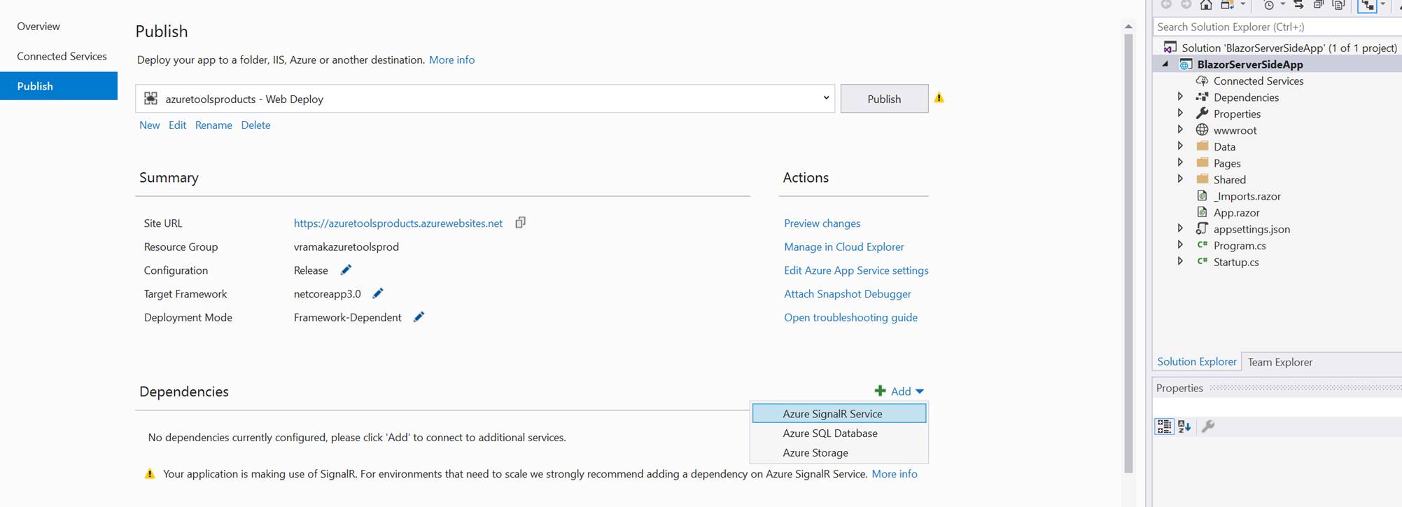 Screenshot of Azure SignalR service