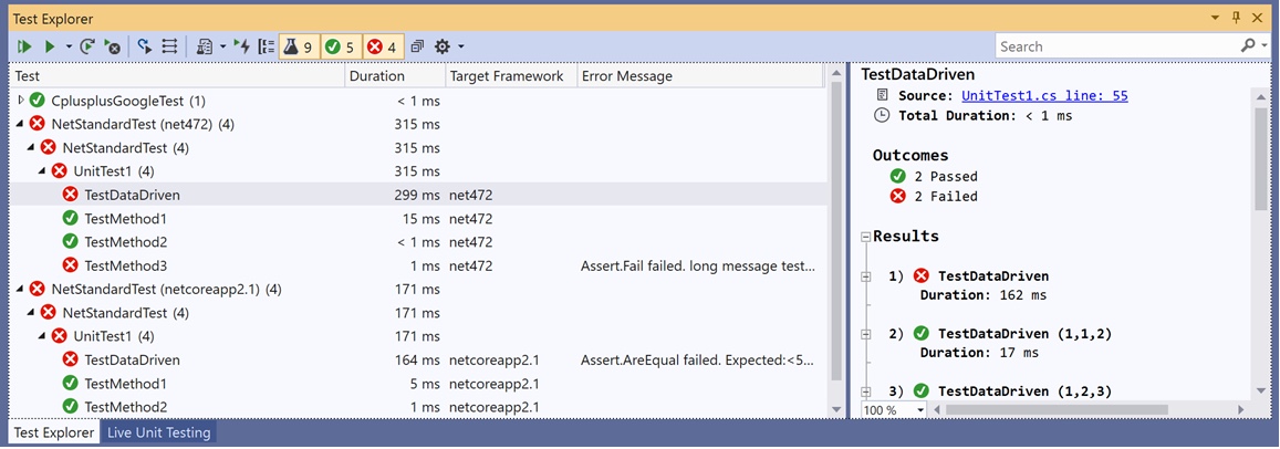 Screenshot of test explorer
