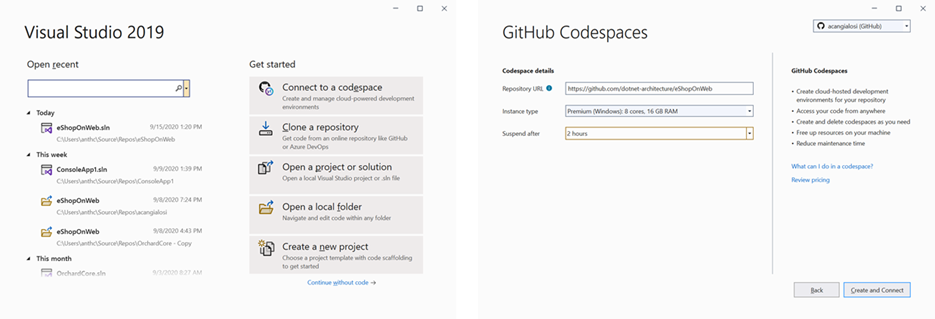 Screenshot of Creating GitHub Codespaces from Visual Studio