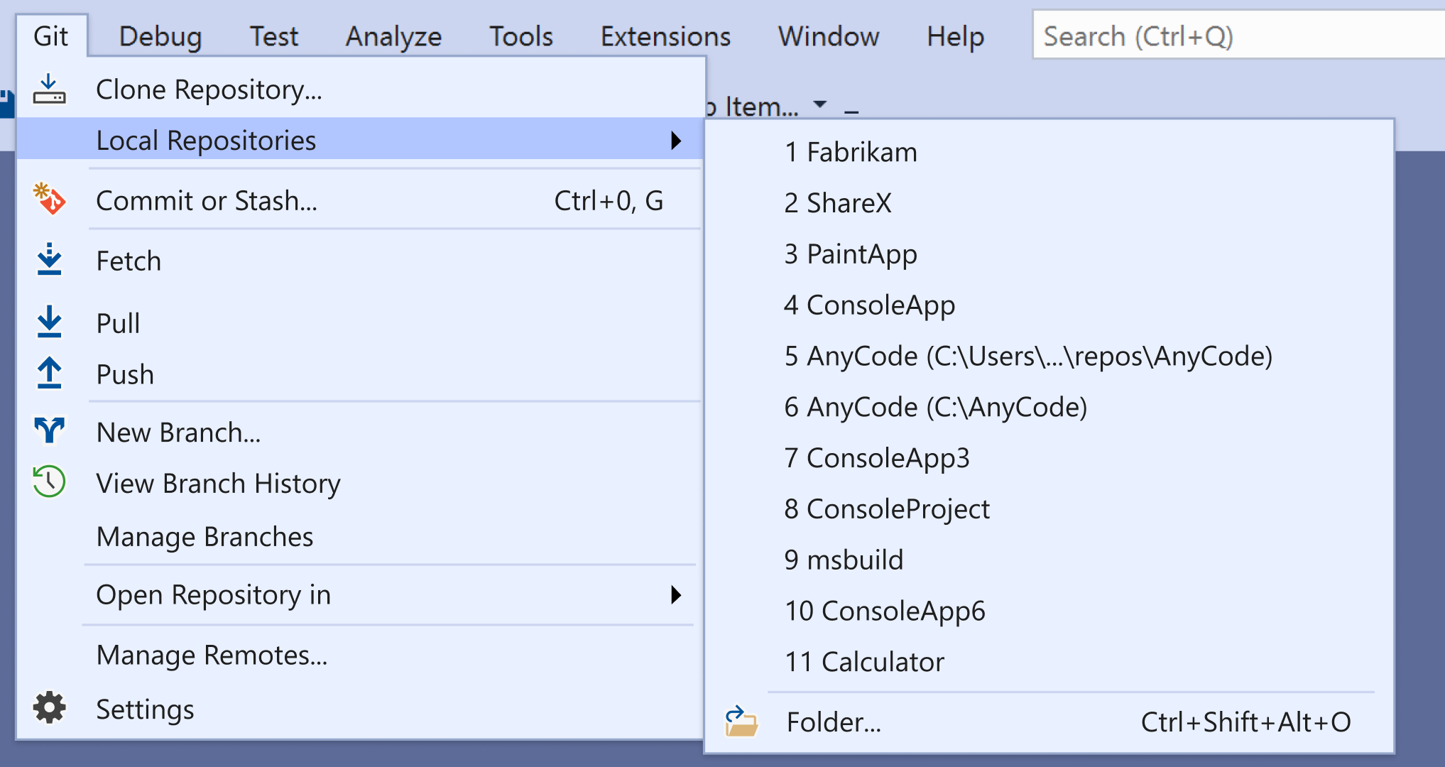Screnshot of a List of local repositories in Git menu