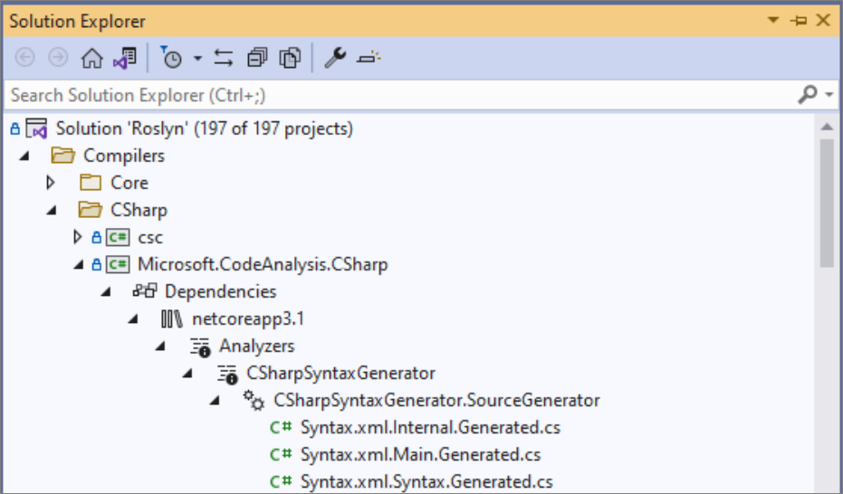 Screenshot of the Source Generators node in Solution Explorer