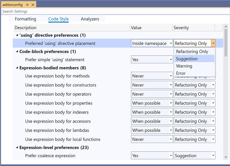 Настройка editorconfig visual studio