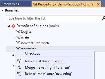 changing branches in visual studio for mac