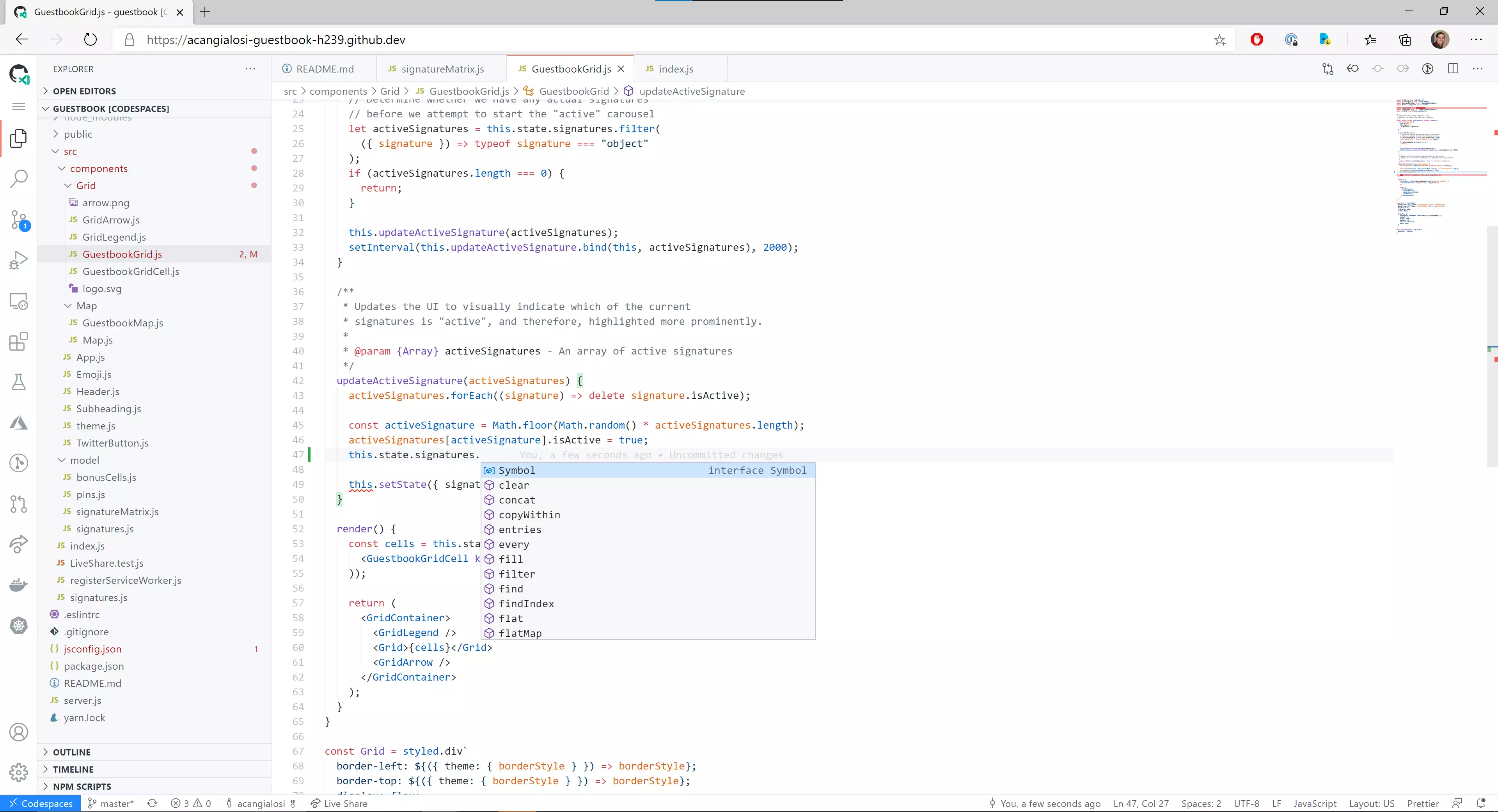 screenshot of GitHub Codespaces for browser