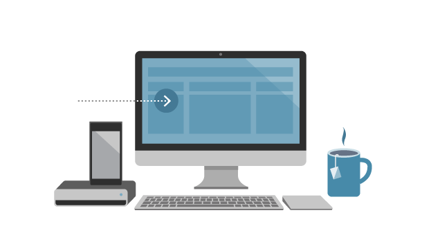 Visual Studio for Mac: iPhone, desktop, and coffee cup.
